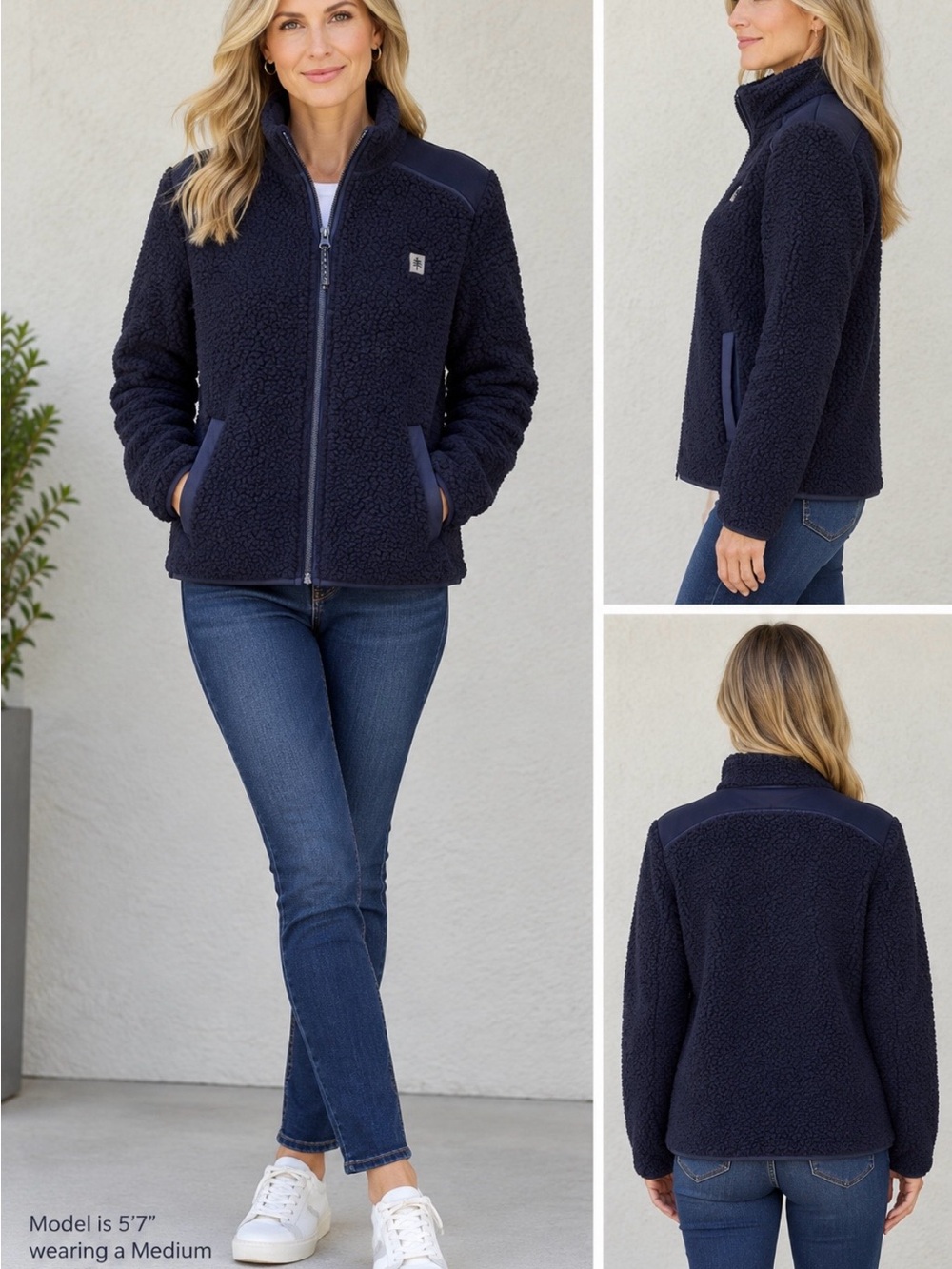 Women’s Navy Sherpa Zip-Front Jacket